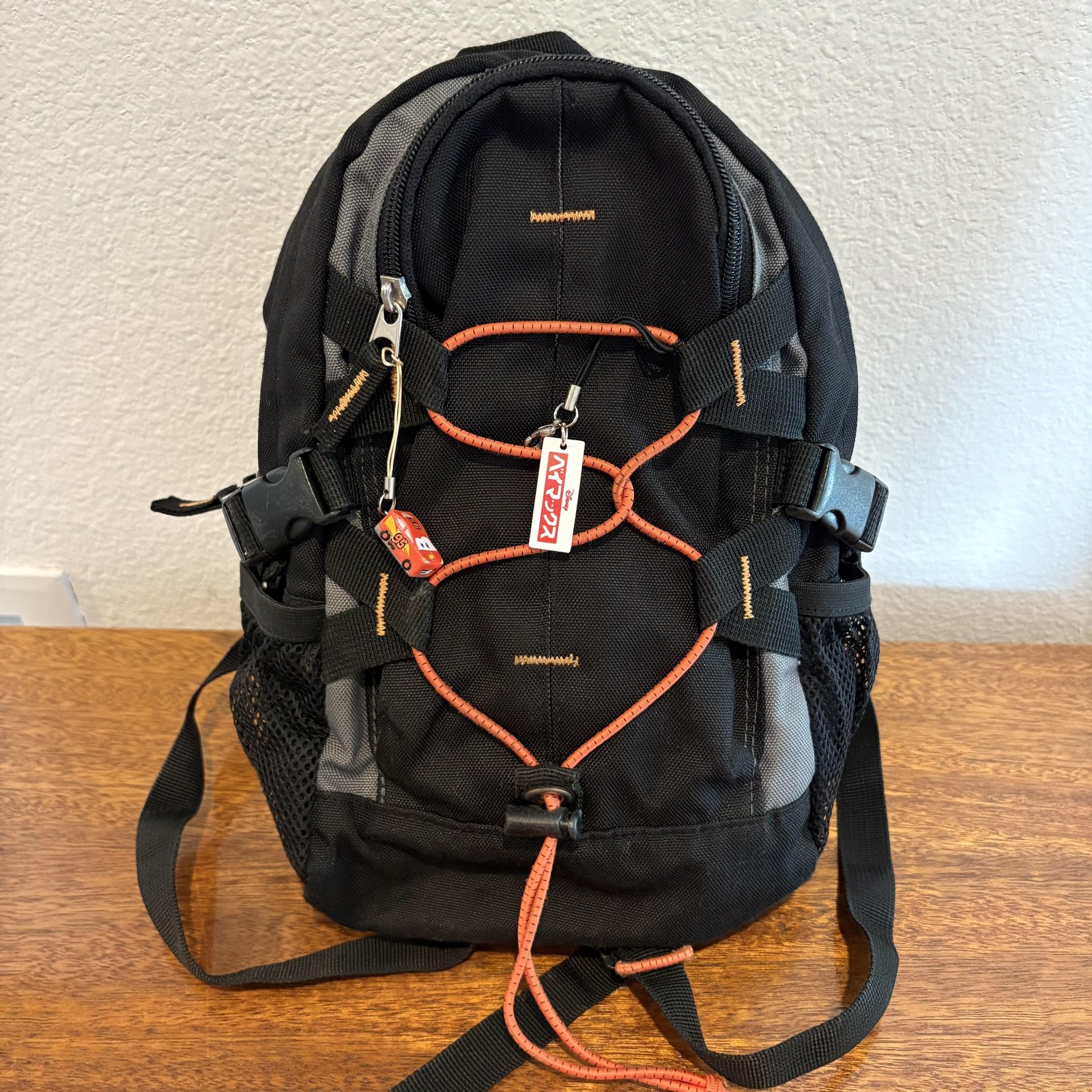 Mini Backpack Black Orange Bungee Mesh Pockets Disney McQueen Baymax Charms