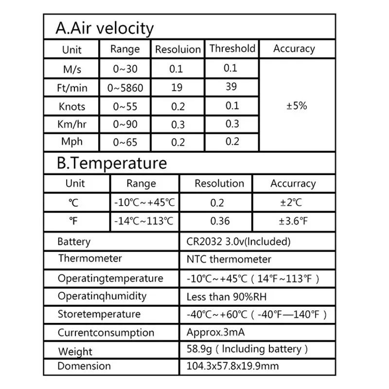 Digital Anemometer Wind Speed Meter Handheld Air Flow Velocity Tester Temp Chill