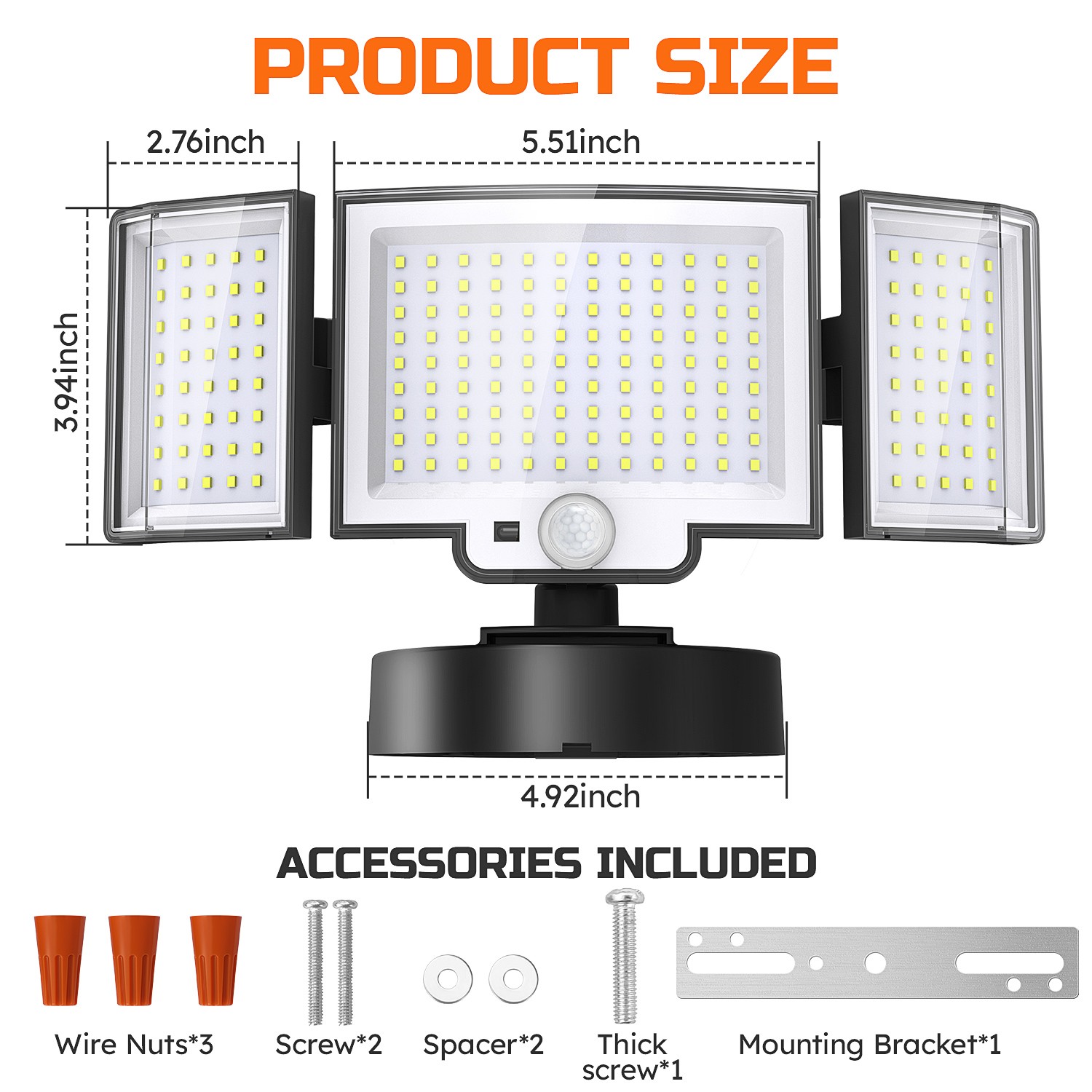 2 Pack 188LED Security Light Motion Sensor Outdoor 3 Head Floodlight Waterproof