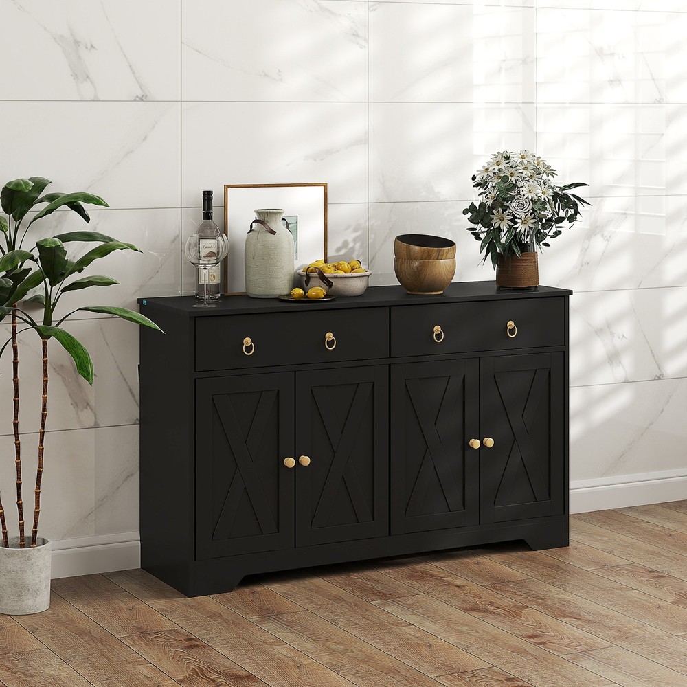 Kitchen Storage Sideboard, Buffet Cabinet with Barn Doors, Black