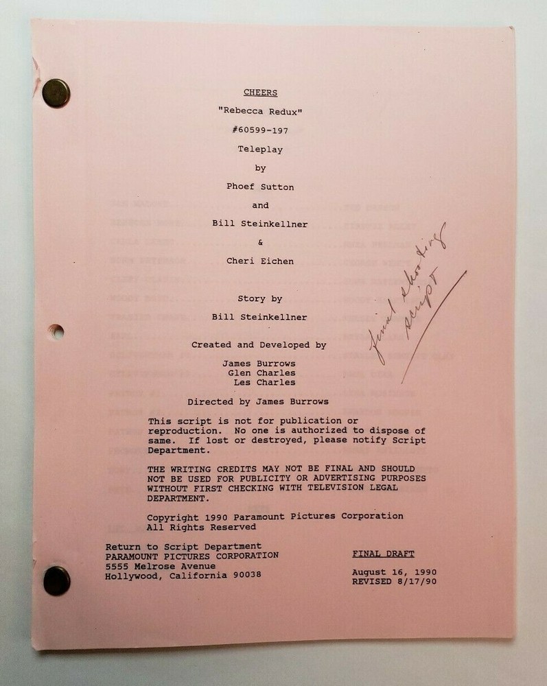 CHEERS / Phoef Sutton & Bill Steinkellner 1990 TV Script "Rebecca Redux"