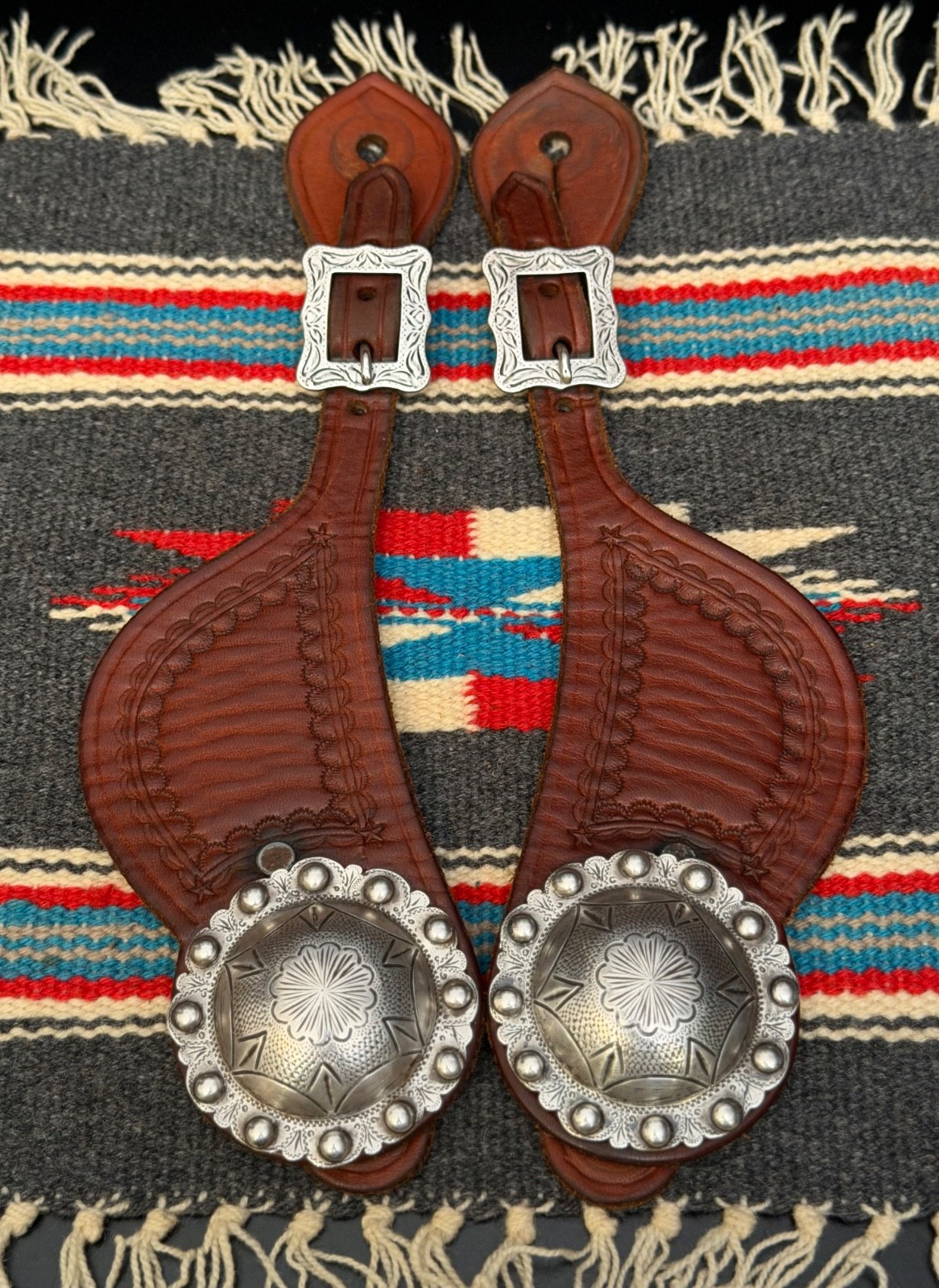 BEAUTIFUL Leather Spur Straps w/ “Sterling” Marked Conchos & “Keyston” Buckles