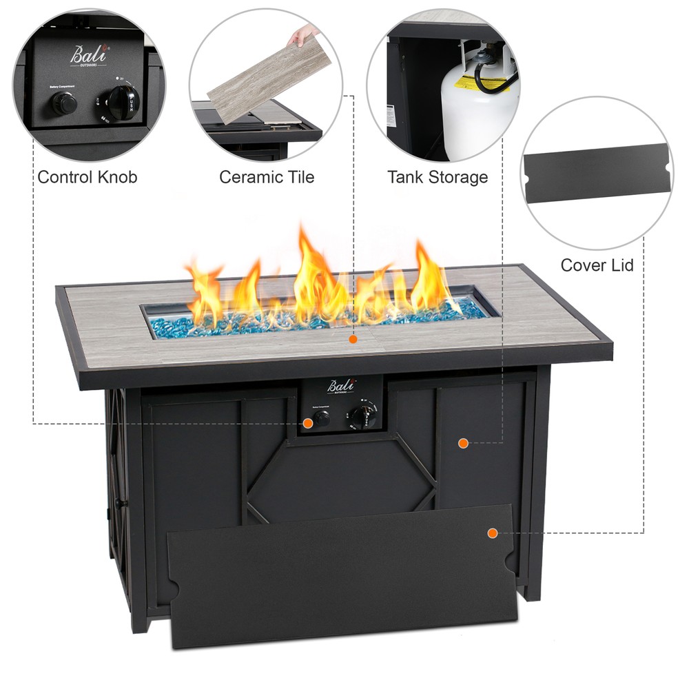 BALI OUTDOORS Propane Fire Pit 42" Rectangular Gas Fire Pit Table 60000BTU Glass