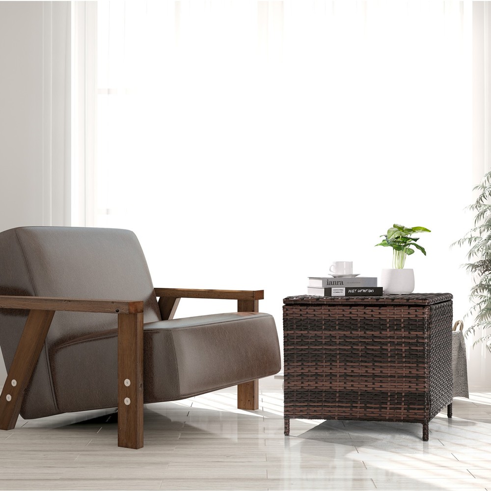 PE Wicker Side Table with Storage, Patio Rattan End Table Square Container