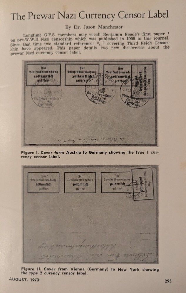 German Postal Specialist Aug 1973 Prewar Nazi Currency Censor Label