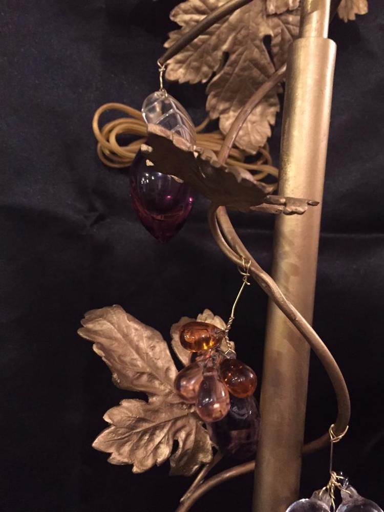 FRENCH ANTIQUE SOLID BRASS GRAPE LEAVE SCONCE WITH MULTI COLOR FRUIT CRYSTALS