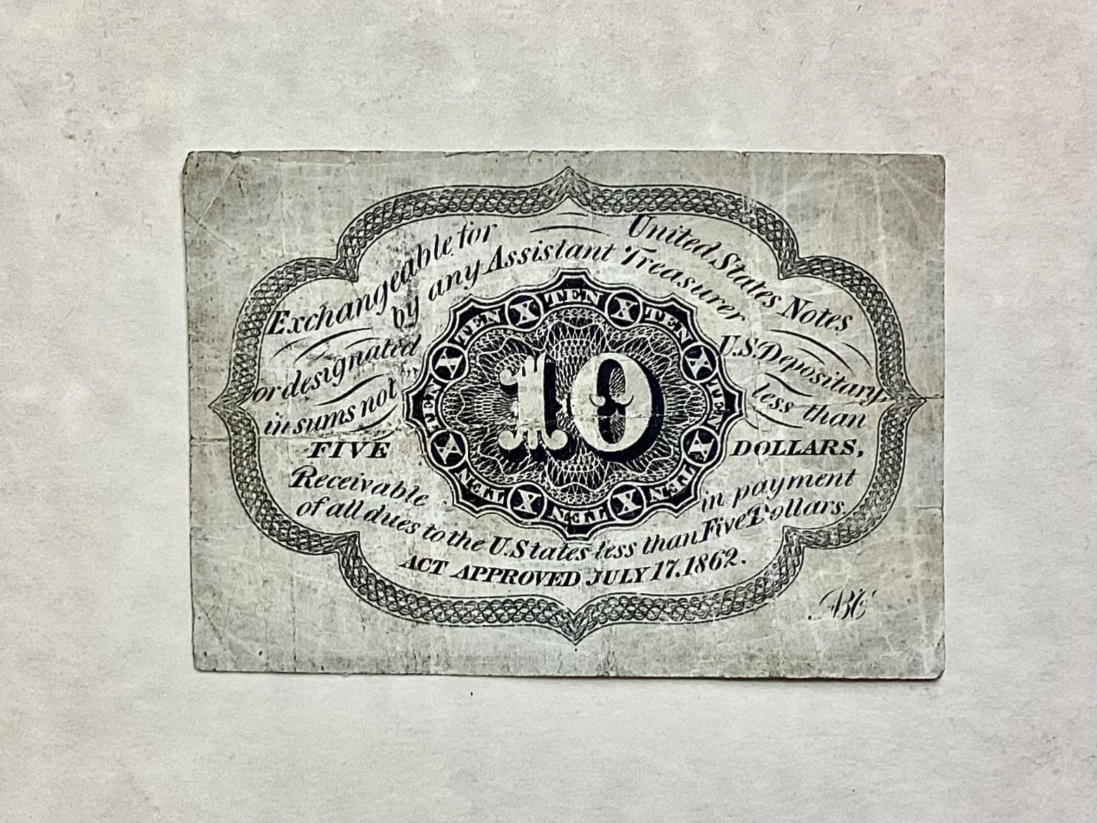 ~ FR 1242 10 TEN CENTS FIRST ISSUE FRACTIONAL CURRENCY NOTE - WITH ABC MONOGRAM