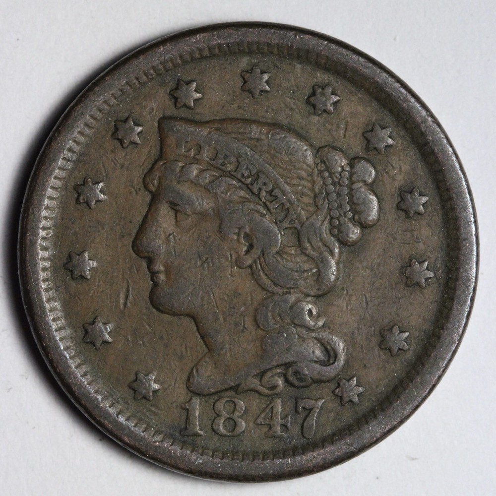 1847 4/4 Braided Hair Large Cent VF E106 KQCM