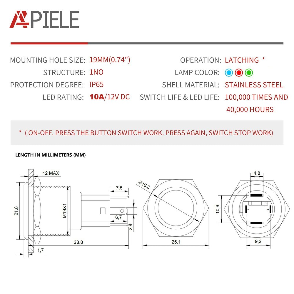 Push Start Ignition Switch, Off-(ON) Instant Engine Start Push Button Switch ...