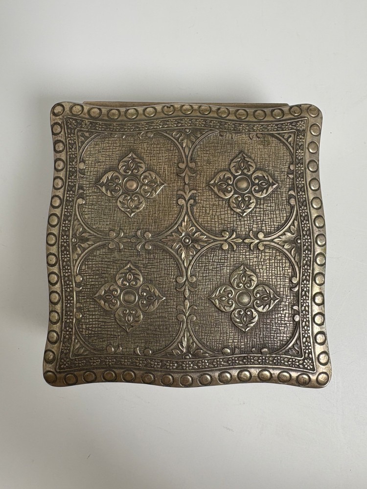 Silver Plated Jewelry Trinket Box Ornate Etched Red Velvet Lined