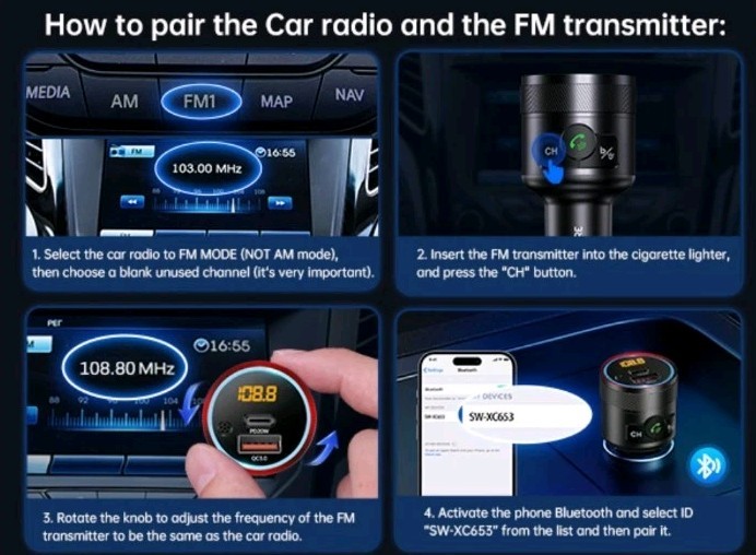 Syncwire Bluetooth 5.4 FM Transmitter For Car 38W PD & QC 3.0 Dual USB Black New