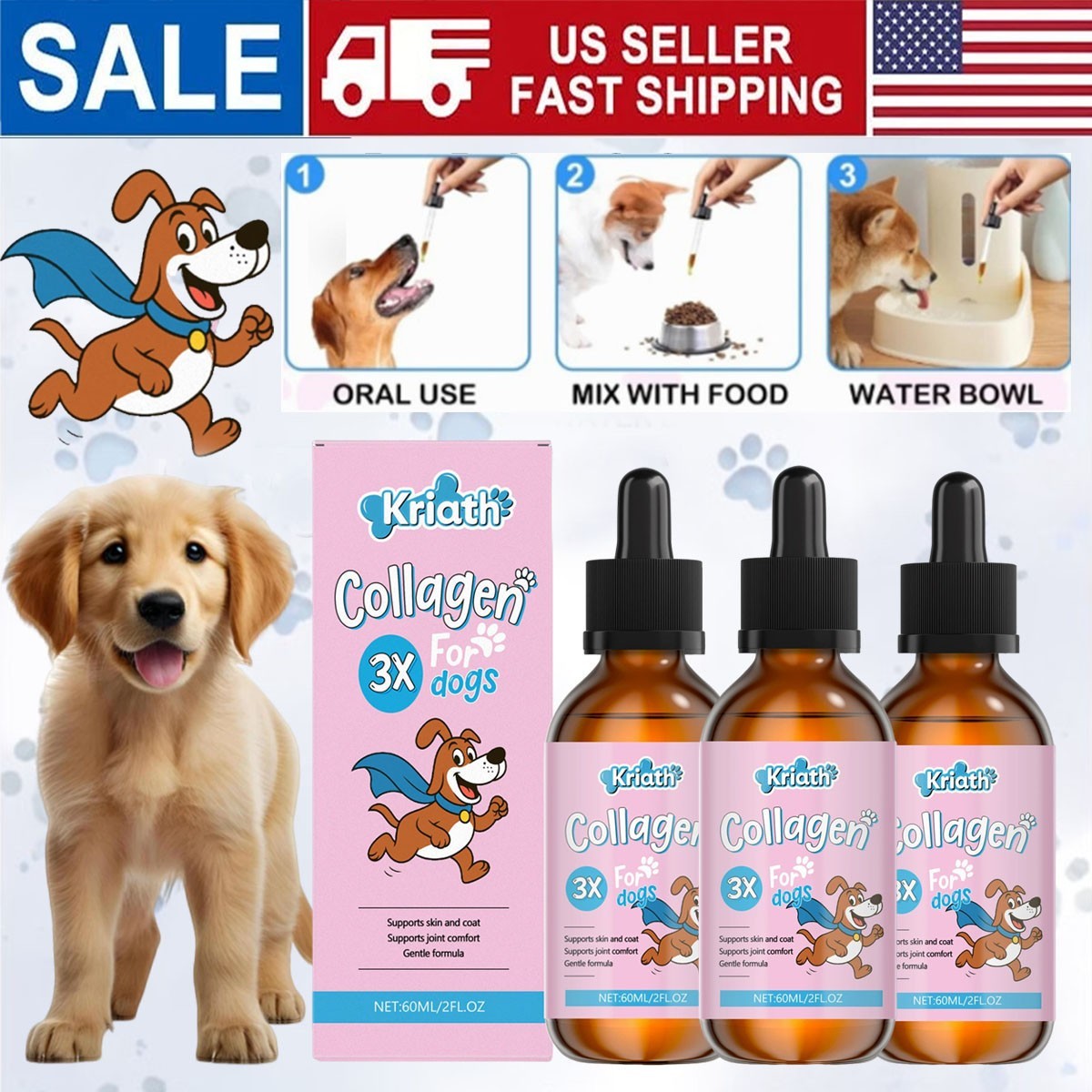 Collagen For Dogs And Pets 60Ml | Liquid Dog Collagen Supplement With Biotin