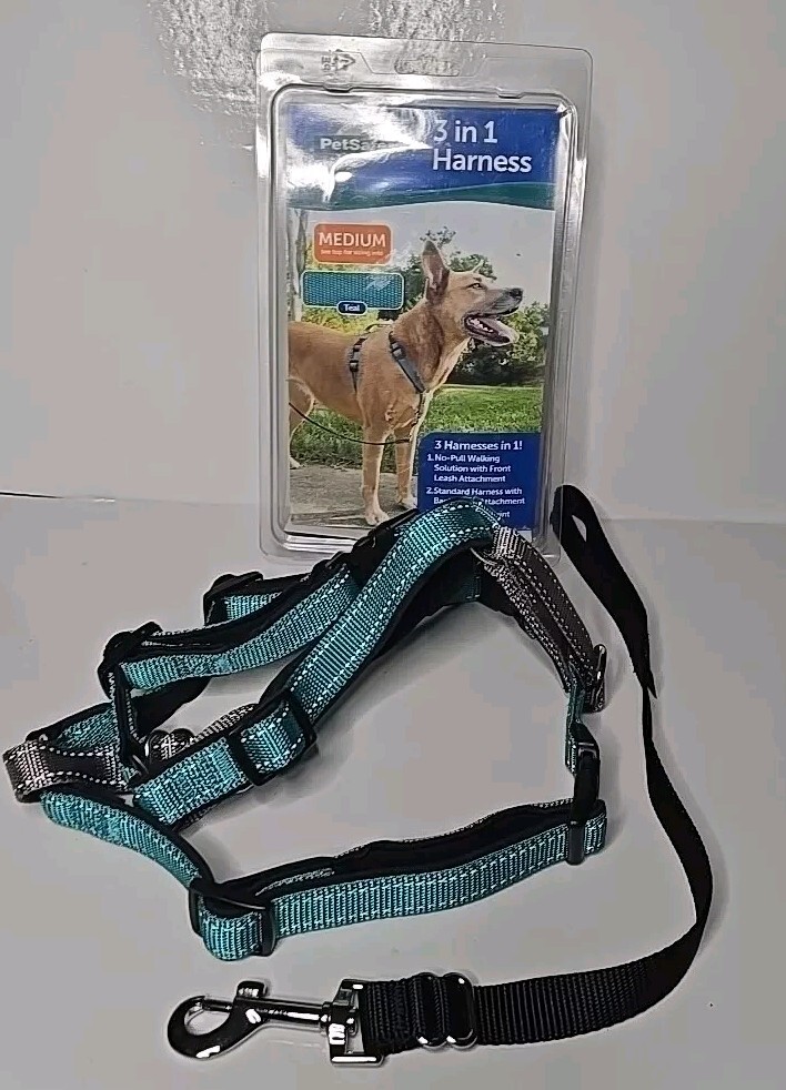 PetSafe 3 in 1 Dog Harness-MEDIUM-Teal-No Pull Design-Car Restraint-Reflective