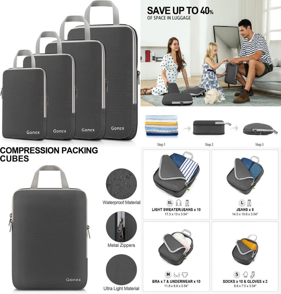Gonex Compression Packing Cubes, 3pcs/4pcs XL+L+M+S, 4 PCS Deep Gray