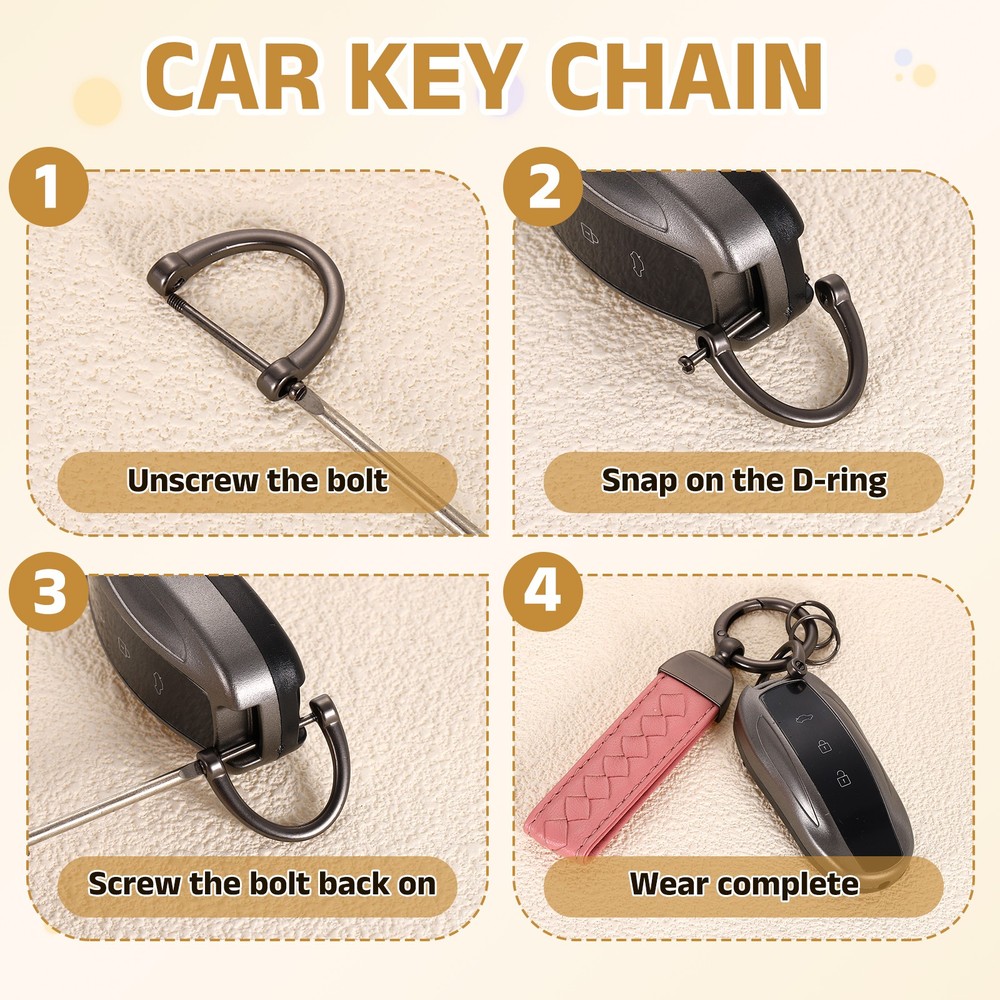 Leather Car Keychain, 5" Key Chain with D Ring and Silver Key Ring, Red