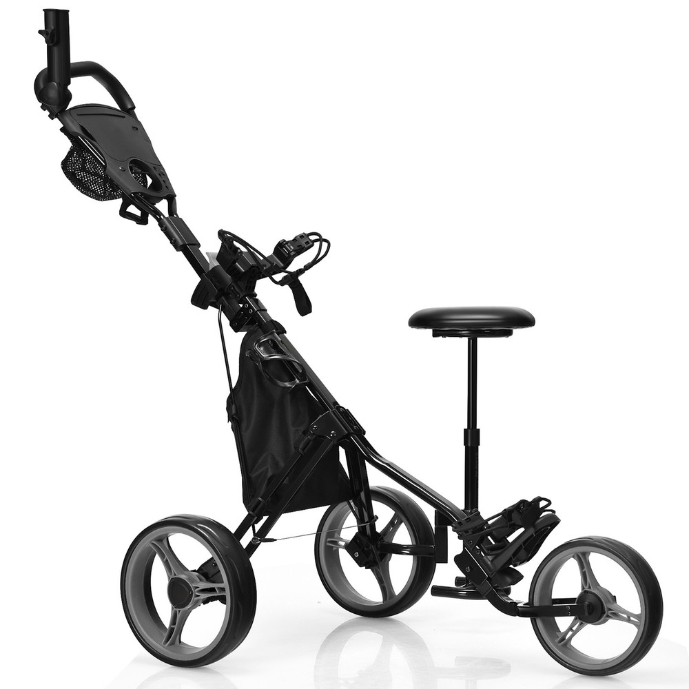 3-Wheel Foldable Golf Push Pull Cart Trolley w/ Seat Adjustable Handle Grey