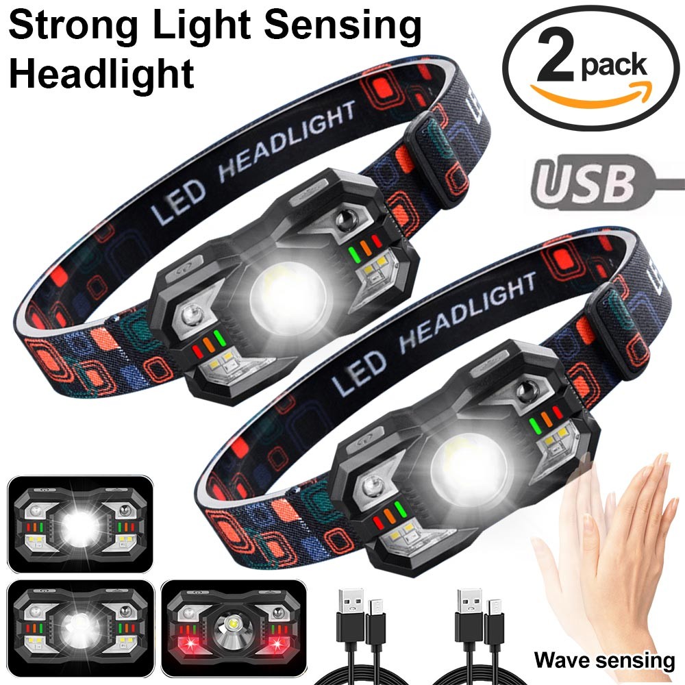 2X Strong LED Headlamp Flashlight USB Rechargeable Wave Sensor Head Torch Light
