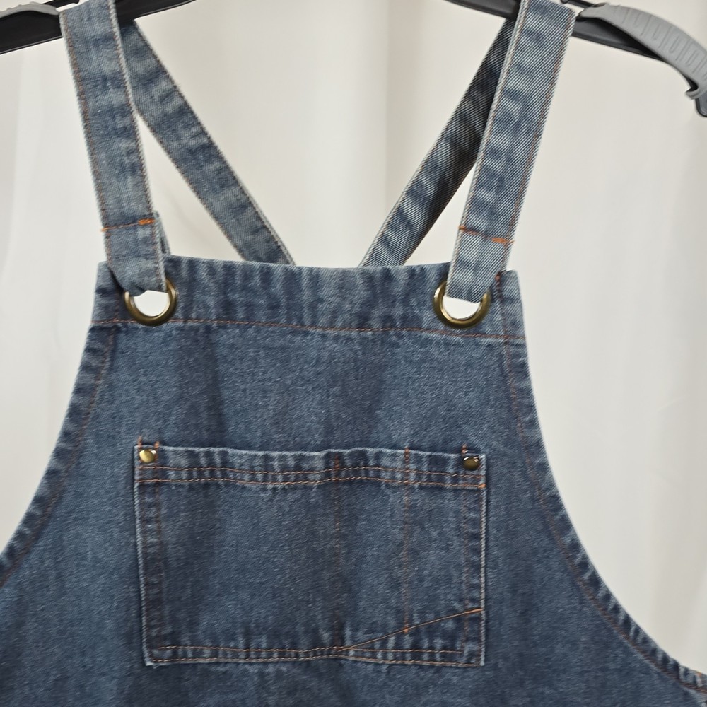 Blue Denim Work Apron Solid Pattern Multiple Pockets Adjustable Straps Unisex