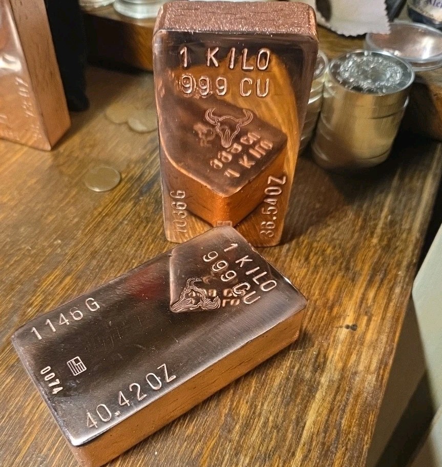 1 Kilo Hand Poured Solid Copper Bullion Bar .999 Pure Fine Copper Kg Ingot