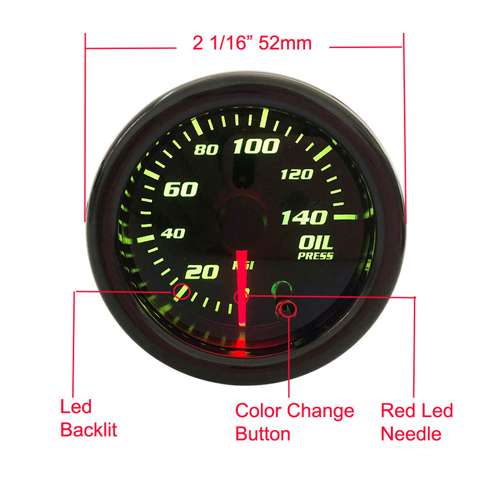 0-140 PSI 2'' 52mm 7 Color LED Digital Oil Pressure Gauge Meter W/ Sensor