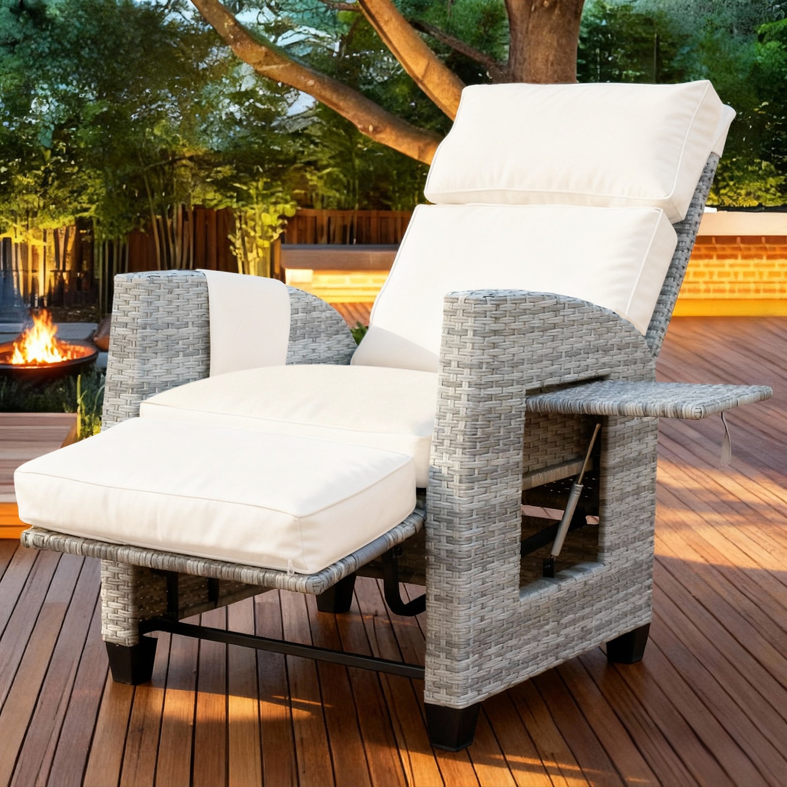 Outdoor Recliner, Patio Recliner Chair with Flip-up Table, Adjustable Backrest