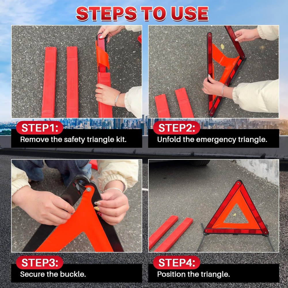 3 Pack Reflective Warning Triangles, Foldable Roadside Emergency Safety