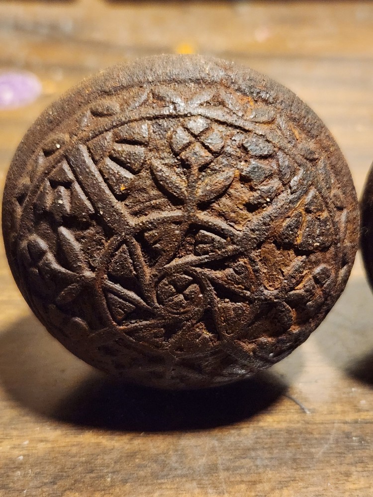 3 antique assorted metal door knobs .whimsical Victorian patterns + 2 knob escus