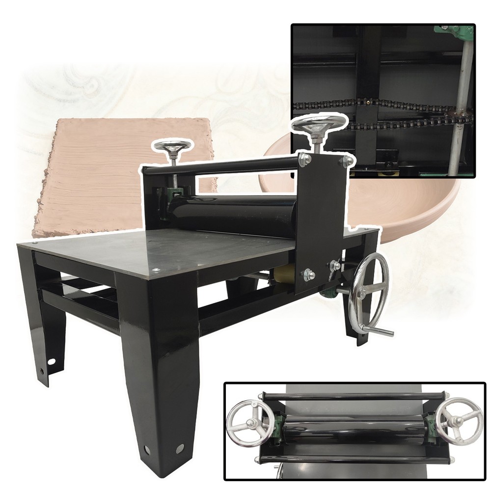 Manual Slab Rollers Portable Ceramic Clay Plate Machine w Iron Frame Chain Drive
