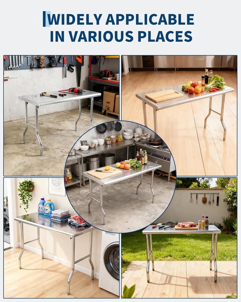 Multi-Purpose Stainless Steel Work Table 48x24in,Foldable, Extra Storage Surface