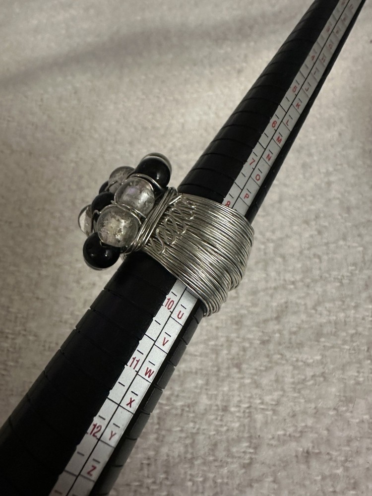 Black Bead & Silver Foil Clear Bead Wire Wrapped Statement Ring Size 9