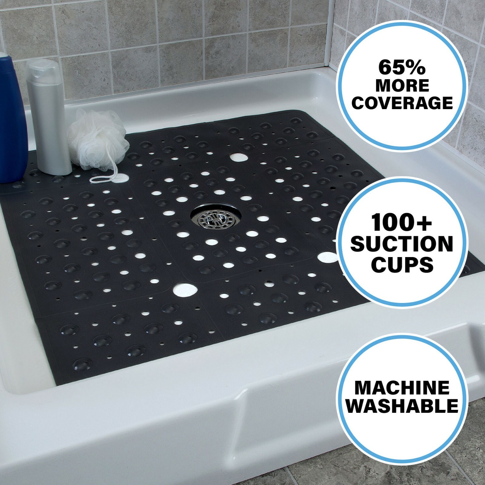 65% MORE COVERAGE! SlipX Solutions Solid Black Extra Large Shower Mat (27")