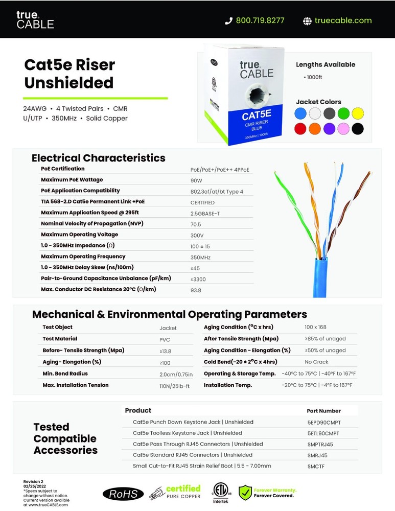 trueCable CAT5E UTP 350MHz Ethernet Network Cable CMR Riser Yellow/100ft