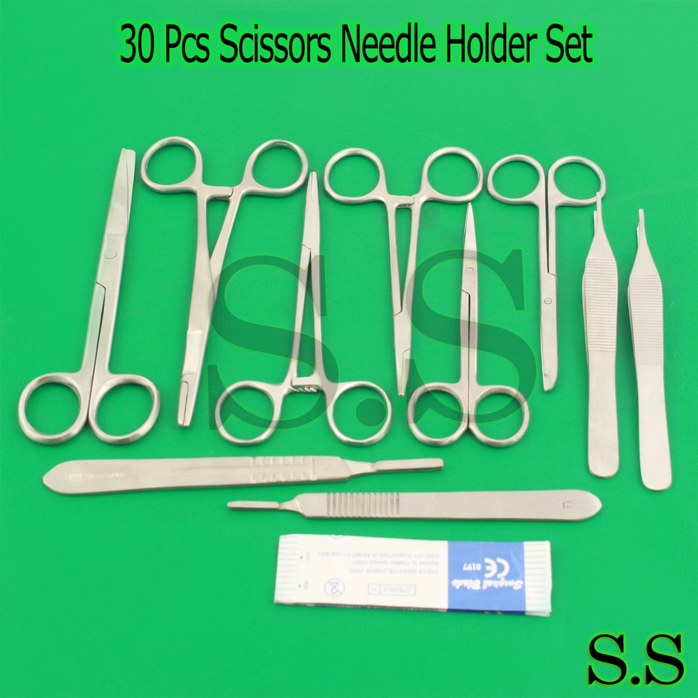 30 PC SURGICAL SURGERY INSTRUMENTS FORCEPS+SCISSORS+NEEDLE-HOLDER+SURGICAL BLADE