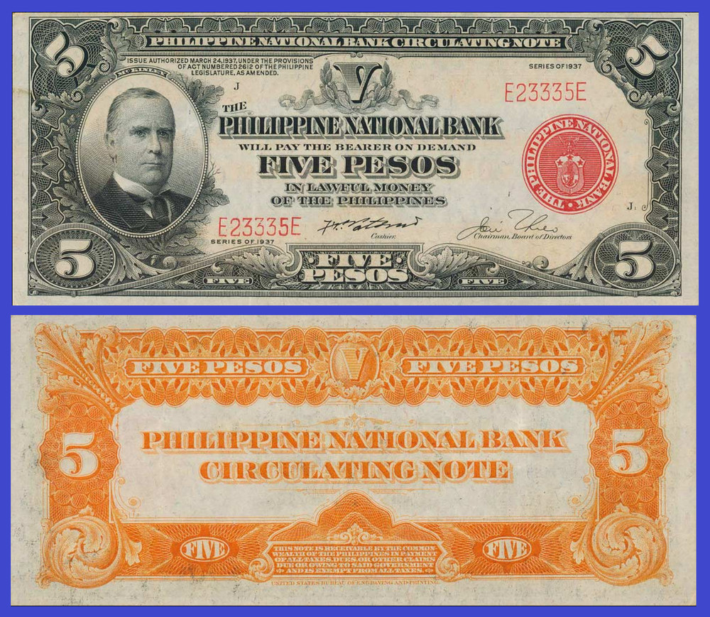 Philippines  Filipina 5   pesos 1937  /   Copy