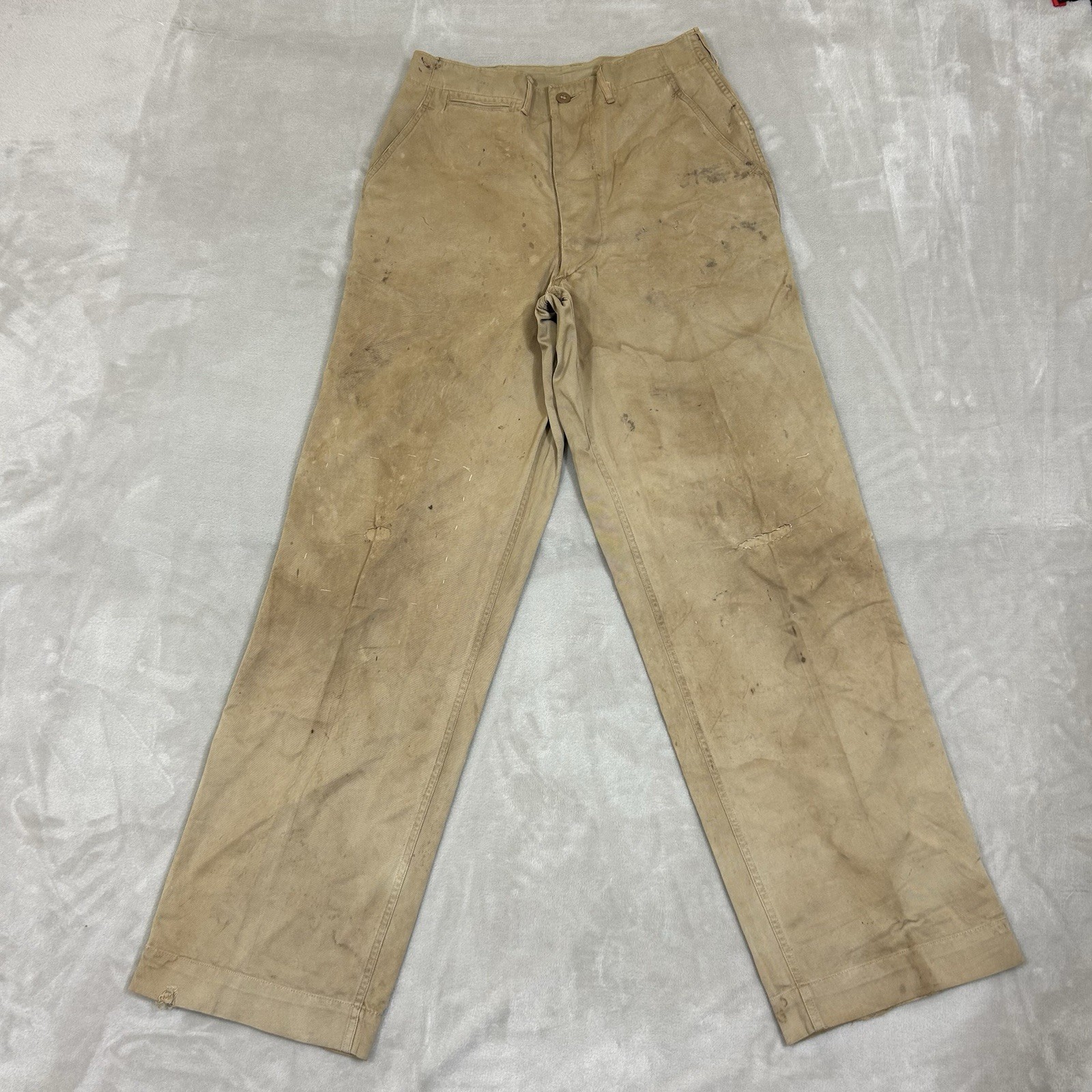 Vintage 1940s WW2 US Army Khaki Chino Cotton Uniform Pant 28x31 Button fly