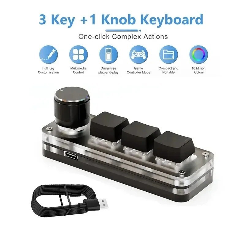 Mini RGB Mechanical Keyboard 3 Keys 1 Knob Macro Programmable Gaming Keypad