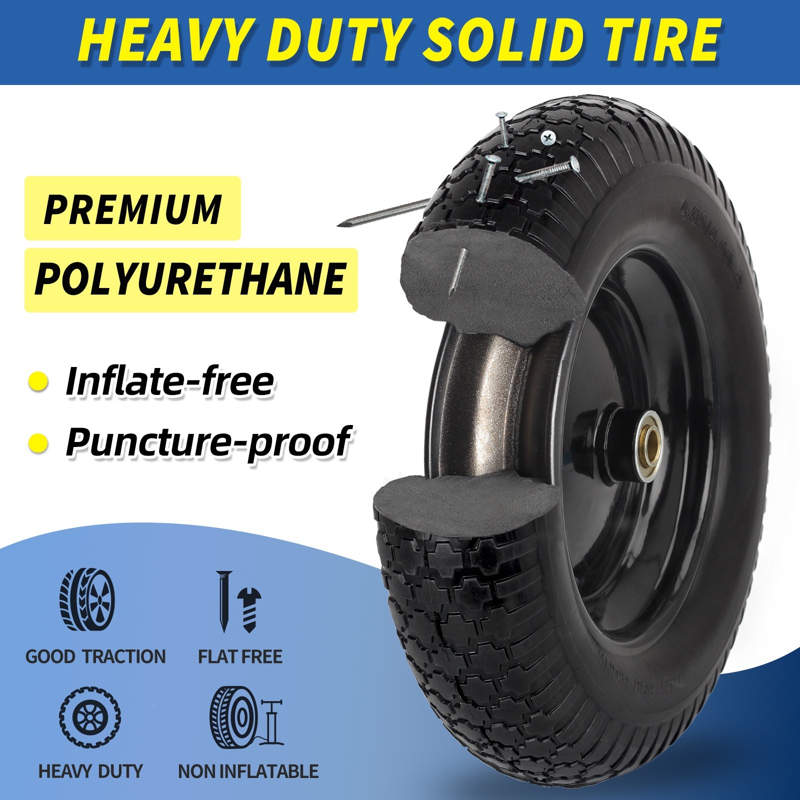 14.5 x 3.50-8 Flat free Tire & Wheel for Wheelbarrow Garden Wagon Trolley Cart