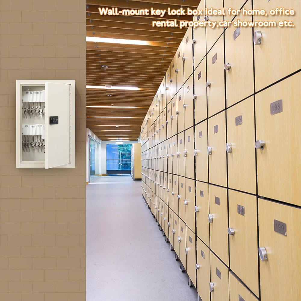 Key Storage Lock Box with Code, Locking Key Cabinet, 40 Key Holder Wall Mount wi