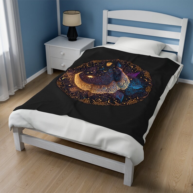 Crescent Moon Electric Mandala Blanket Plush Throw Celestial Art