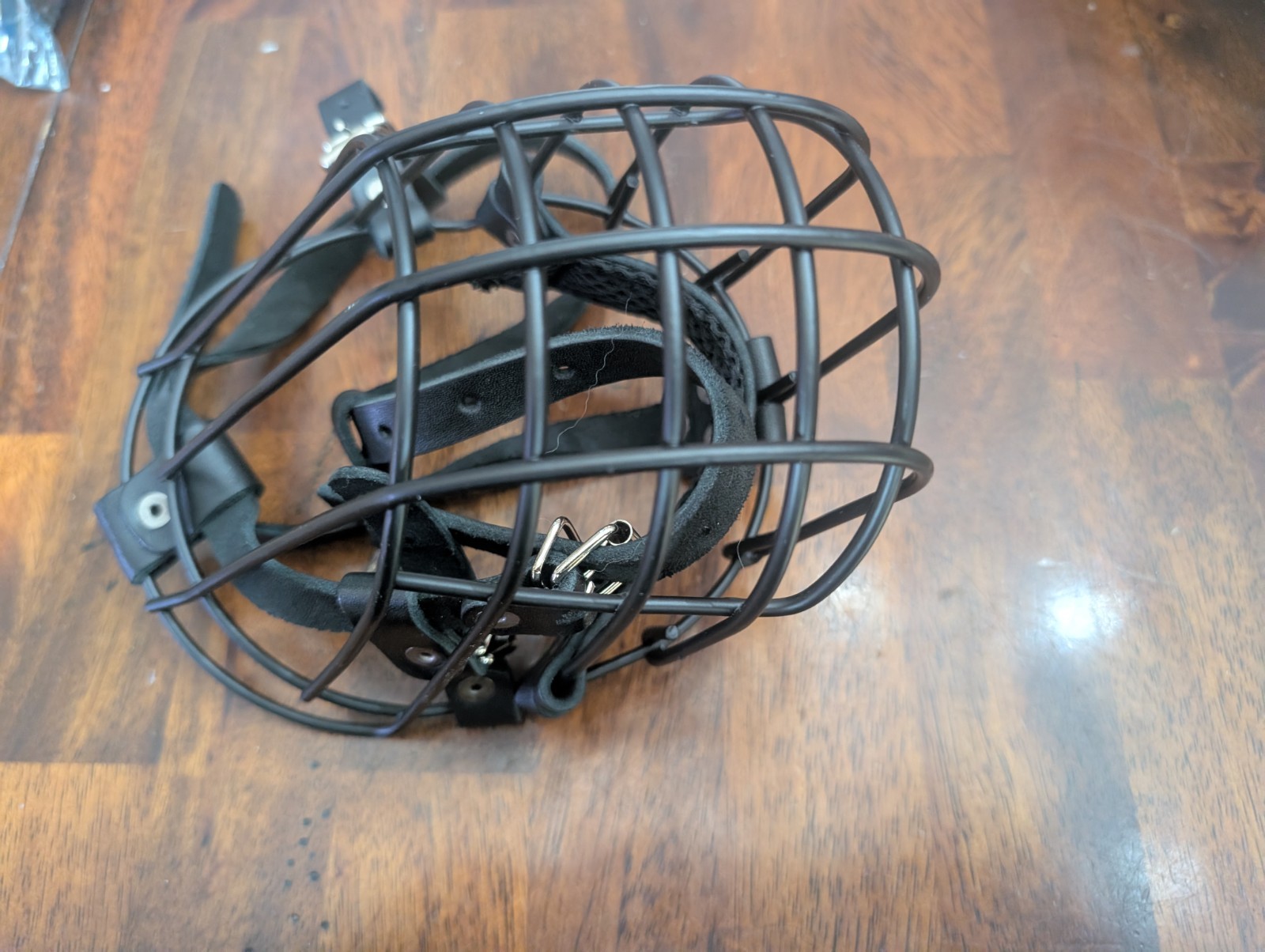 Wire Basket Dog Muzzle Metal Cage Adjustable Leather Strap Black