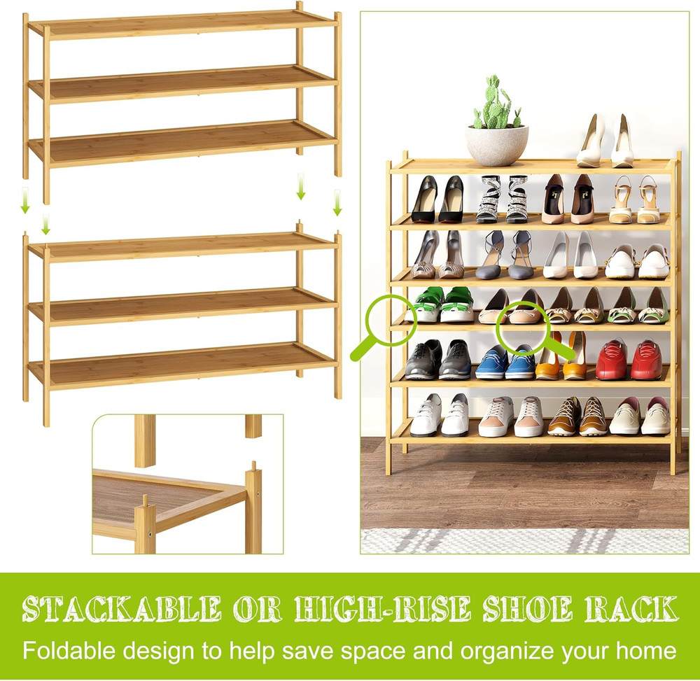3-Tier Bamboo Extended Shoe Rack Premium Stackable Shoe Shelf Storage Organizer