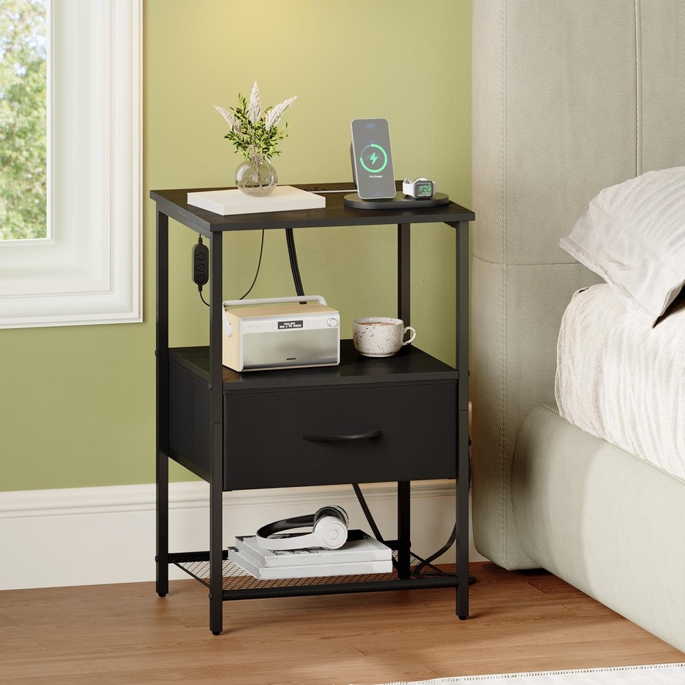 Somdot Nightstand w/Charging Station & LED; Bedside Table
