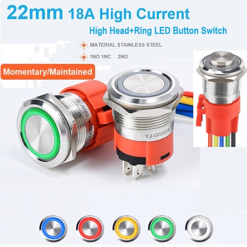 22mm 18A 1NO 1NC High Current High Head Ring IP66 Waterproof Push Button Switch