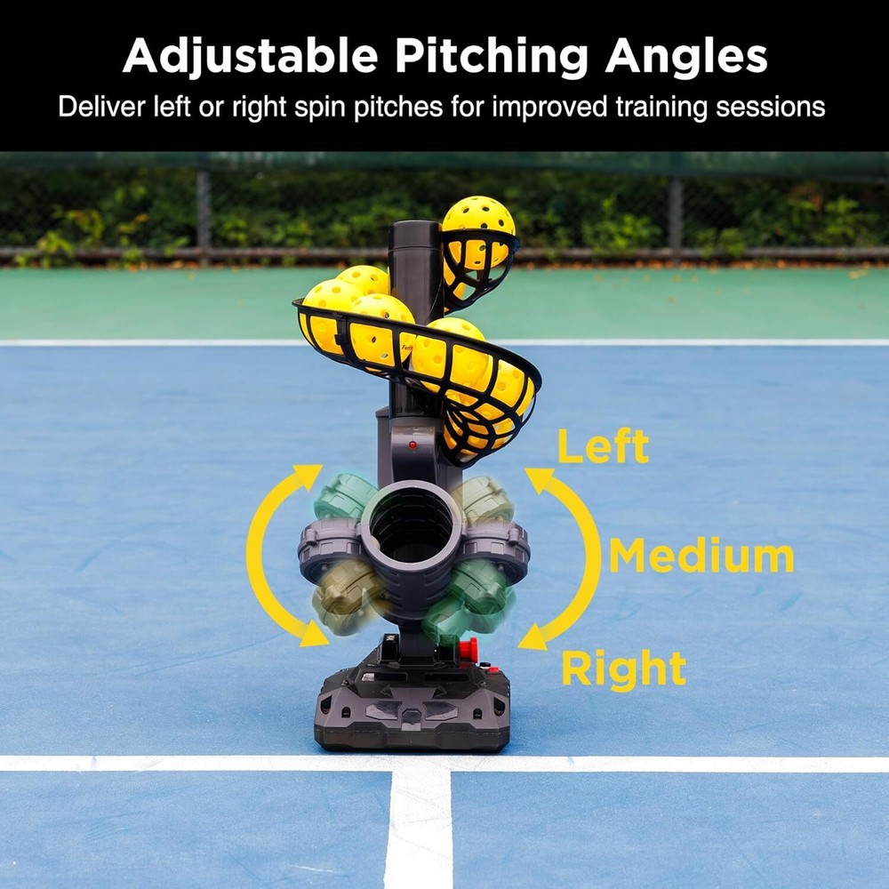Pickleball machine with 4 adjustable angles and 9 pickleballs included.