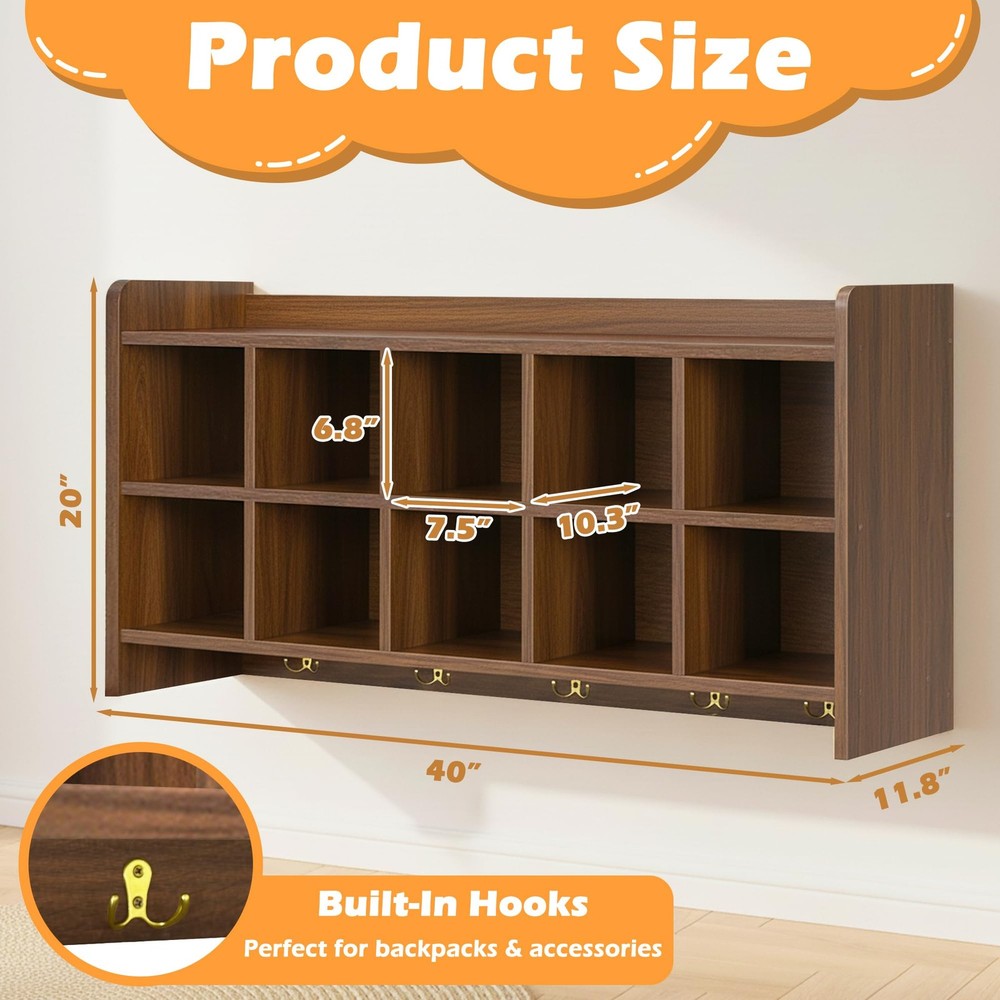 Wall Cubbies, 10 Cubby Storage Organizer with Coat Hooks, Cubbies for Classro...