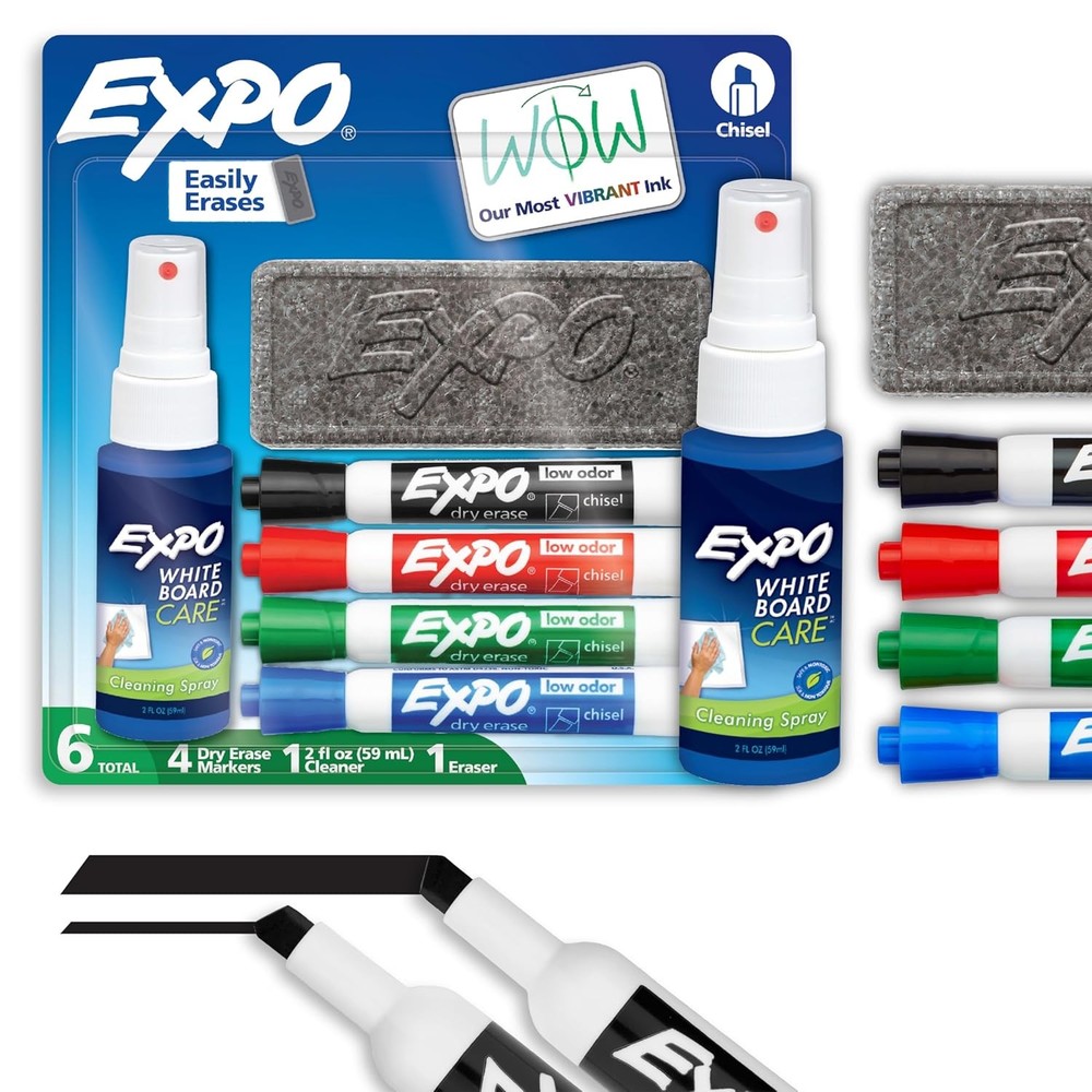 Dry Erase Markers Kit, Chisel Tip, Assorted Colors Eraser, Spray Cleaner 6 Count
