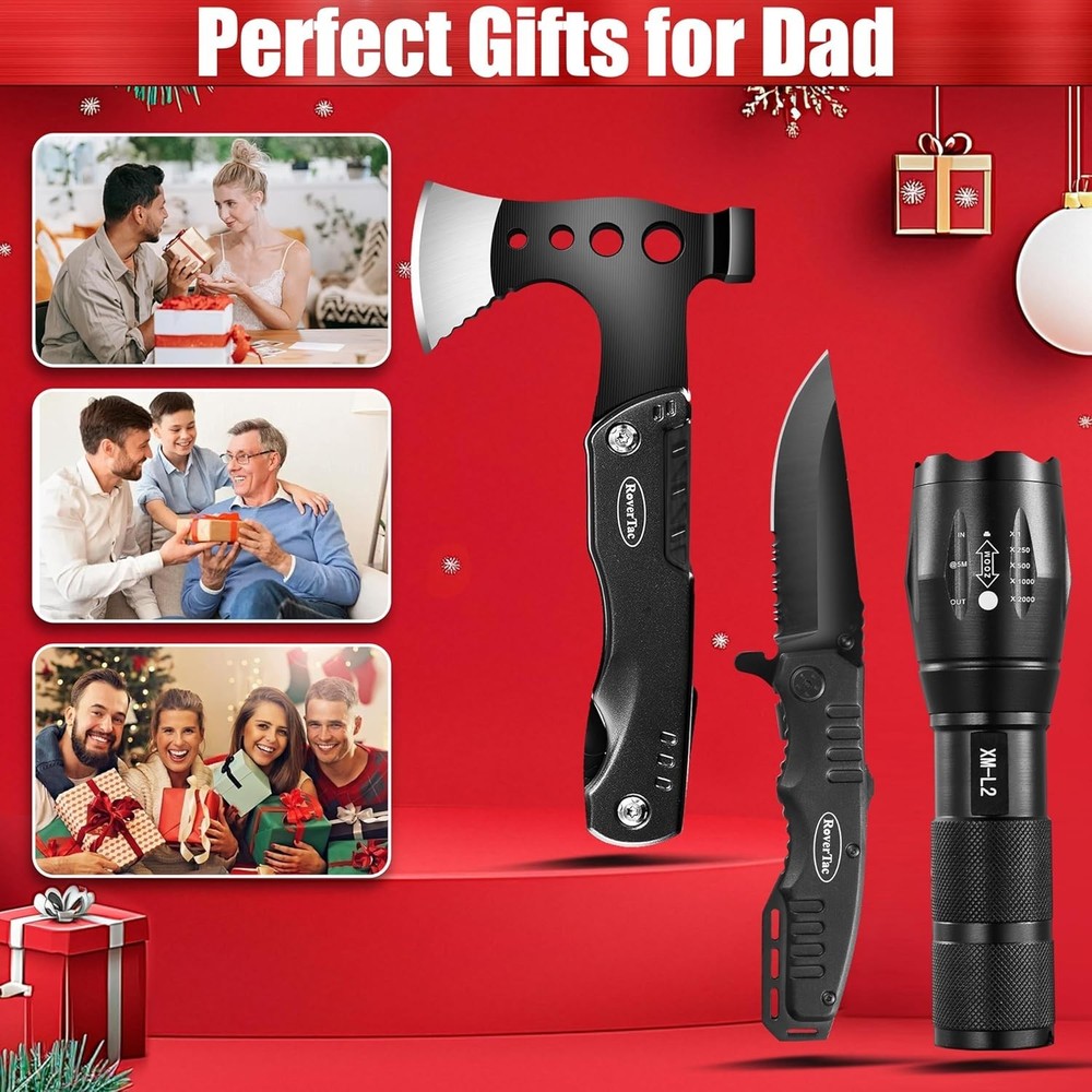 Unique Gift Box for Dad with Best Dad Ever Design Multitool Axe and Flashlight