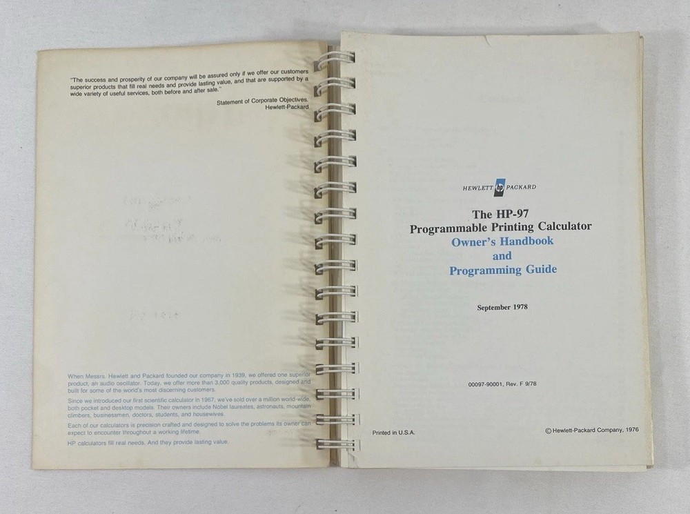 HP -97 Owner's Handbook and Programming Guide 1978 Print (USA)