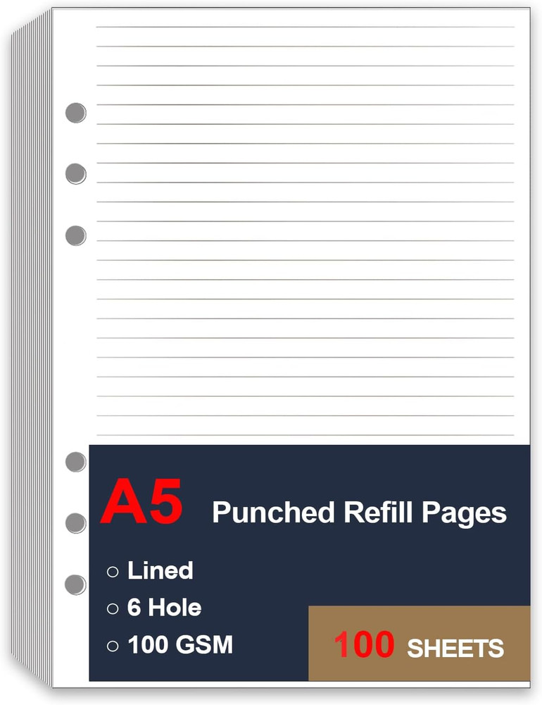 A5 Lined Paper Refill, 6 Hole Notebook Refills Paper for 6 Ring Refillable Binde