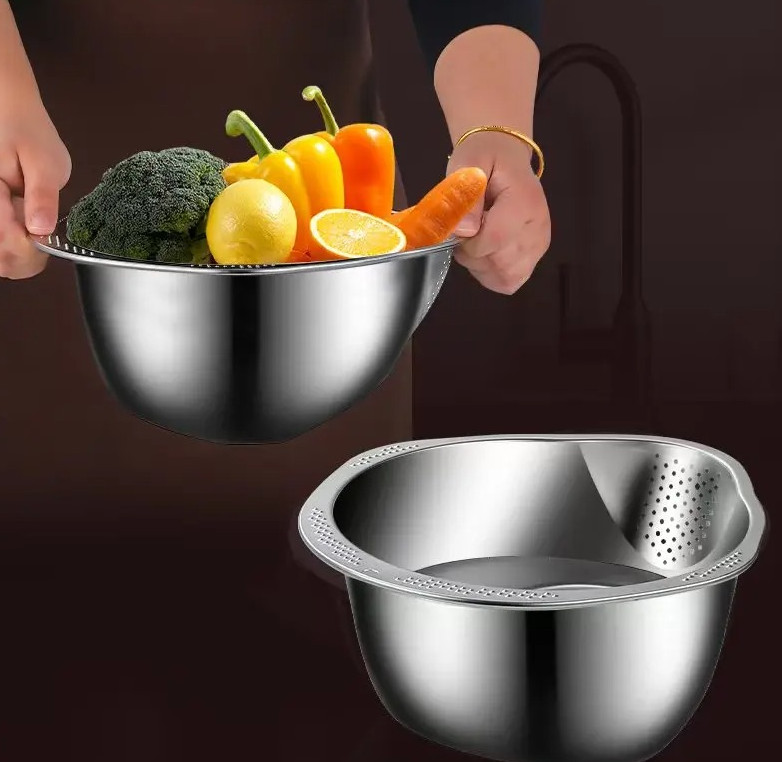 1pc Stainless Steel Rice Washer & Strainer Bowl – 304 Steel Colander for Kitchen